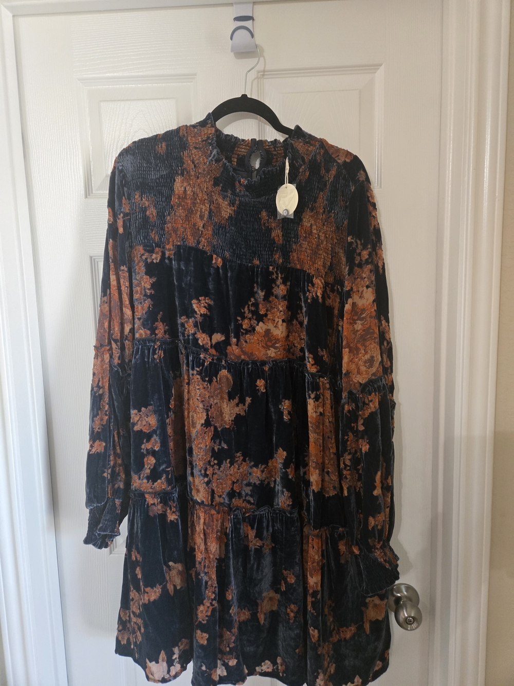ODDY Navy Velvet Floral Tiered Long Sleeve Dress with Rust Print